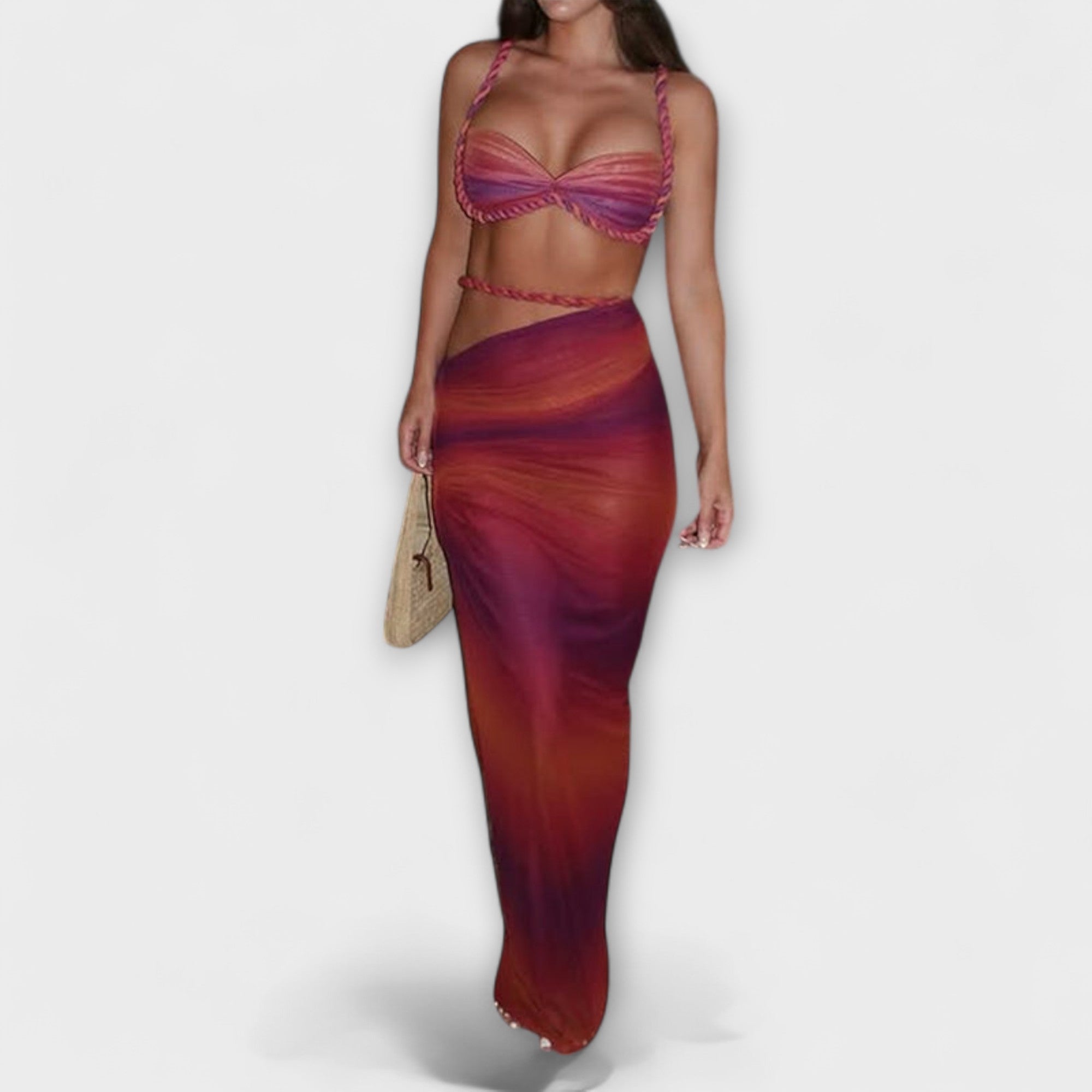 Jane - Stylový gradientový pletený crop top a overskirt duo